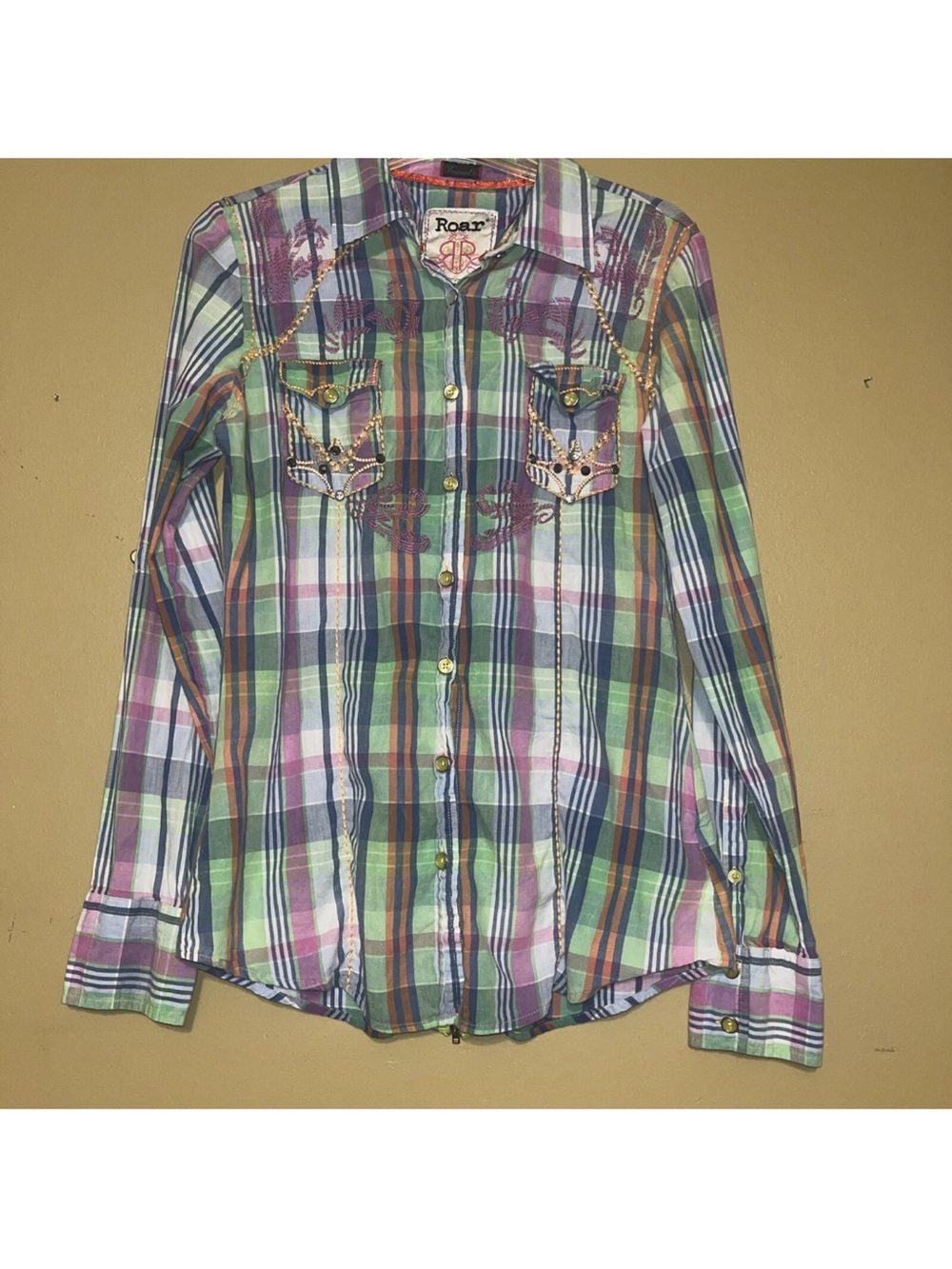 ROAR Western Plaid Neon Small Snap Crystal Shirt Women’s Embellished Embroidered
